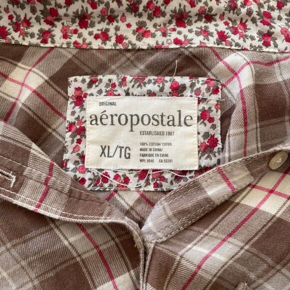 Aéropostale Plaid Button Down Shirt Brown Pink Flannel Top Women’s XL 100% Cotto - Picture 3 of 13